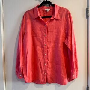 J. Jill Love Linen Top Coral Pink Collared Front Button Long Sleeve Sz L Women's